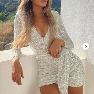 Fashion Nova Silver Sequin Wrap Mini Dress
